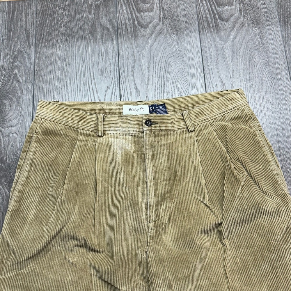 Vintage Gap Easy Fit Corduroy Pants Mens 35x30 Tan Khaki Pleated Trousers Prep - Picture 2 of 8